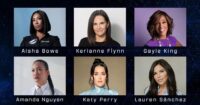 Six pictures of Blue Origin crew: Lauren Sanchez, Jeff Bezos’ fiancee; Gayle King, co-host of “CBS Mornings”; pop superstar Katy Perry; and Aisha Bowe, Kerianne Flynn and Amanda Nguyen, three advocates for women in STEM. (Blue Origin Photos)